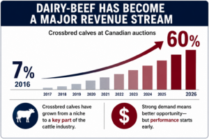 Graphic showing the increase in beef on dairy sales in Canadian auction marts has increased from 7% in 2026 to 60% in 2026